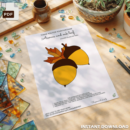 Acorns Stained Glass Pattern – Autumn Oak Leaf & Acorns Suncatcher Template | Digital PDF Pattern for Window Art