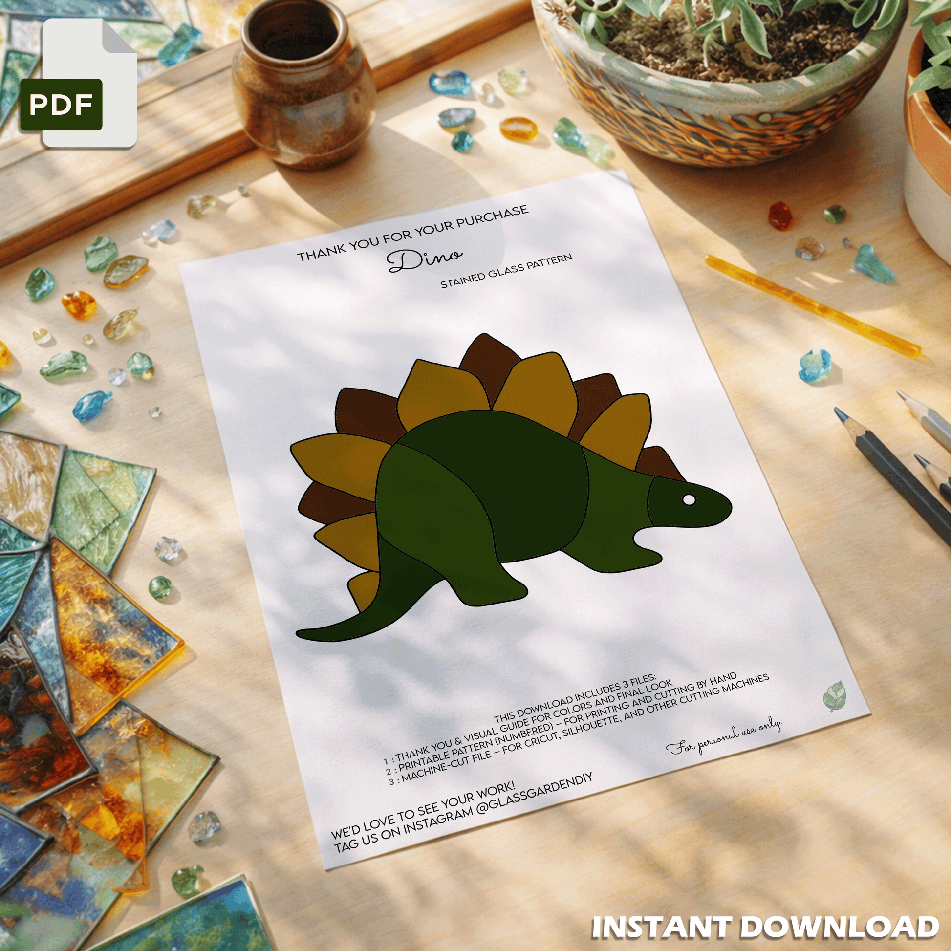 Stegosaurus Dinosaur Stained Glass Pattern – Prehistoric Suncatcher PDF for DIY Glass Art