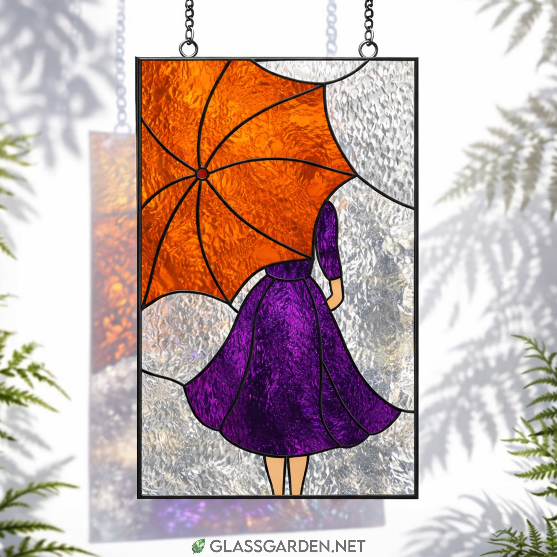 Girl with Umbrella Stained Glass Pattern – Rainy Day Silhouette PDF Template for DIY Glass Art, Instant Digital Download