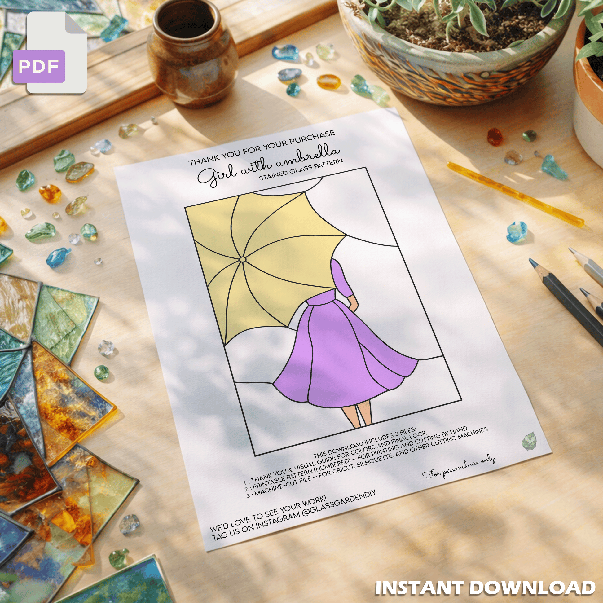 Girl with Umbrella Stained Glass Pattern – Rainy Day Silhouette PDF Template for DIY Glass Art, Instant Digital Download